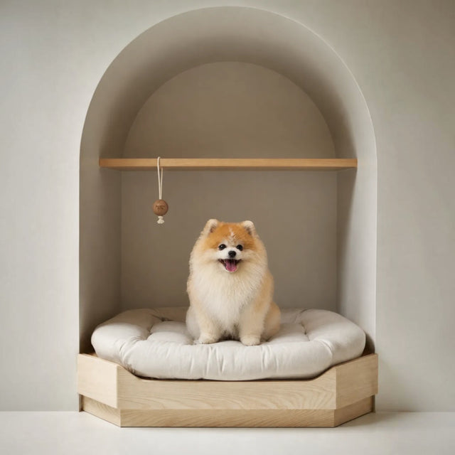 Maison Pupa hanging cedar wood ball toy suspended above a fluffy Pomeranian dog sitting on a beige pet bed