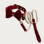 Maison Pupa red velvet dog leash with cream rope body and gold hardware, paired with a matching bow tie collar.